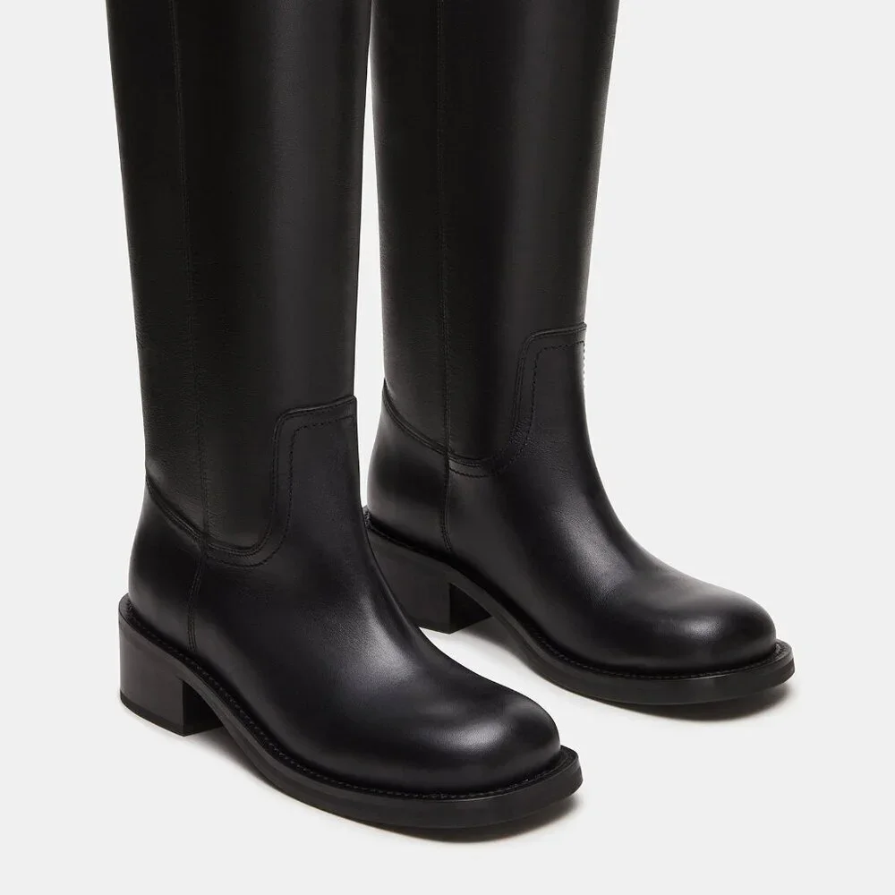 New Womens sz 10 Steve Madden RIGGS BLACK LEATHER BOOTS square shoe fashion - Picture 3 of 8